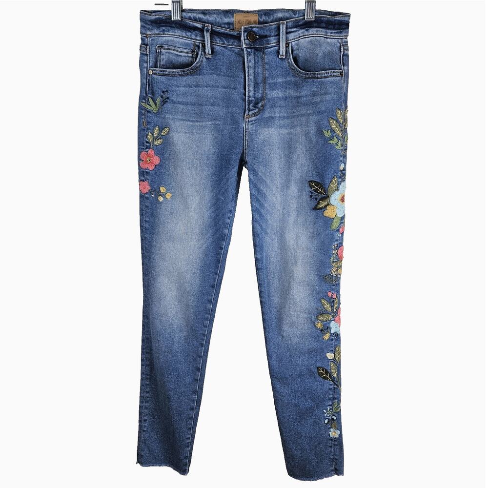 Driftwood Women's Jackie Jeans Size 27 Blue Skinny Ankle Floral Embroidered Boho